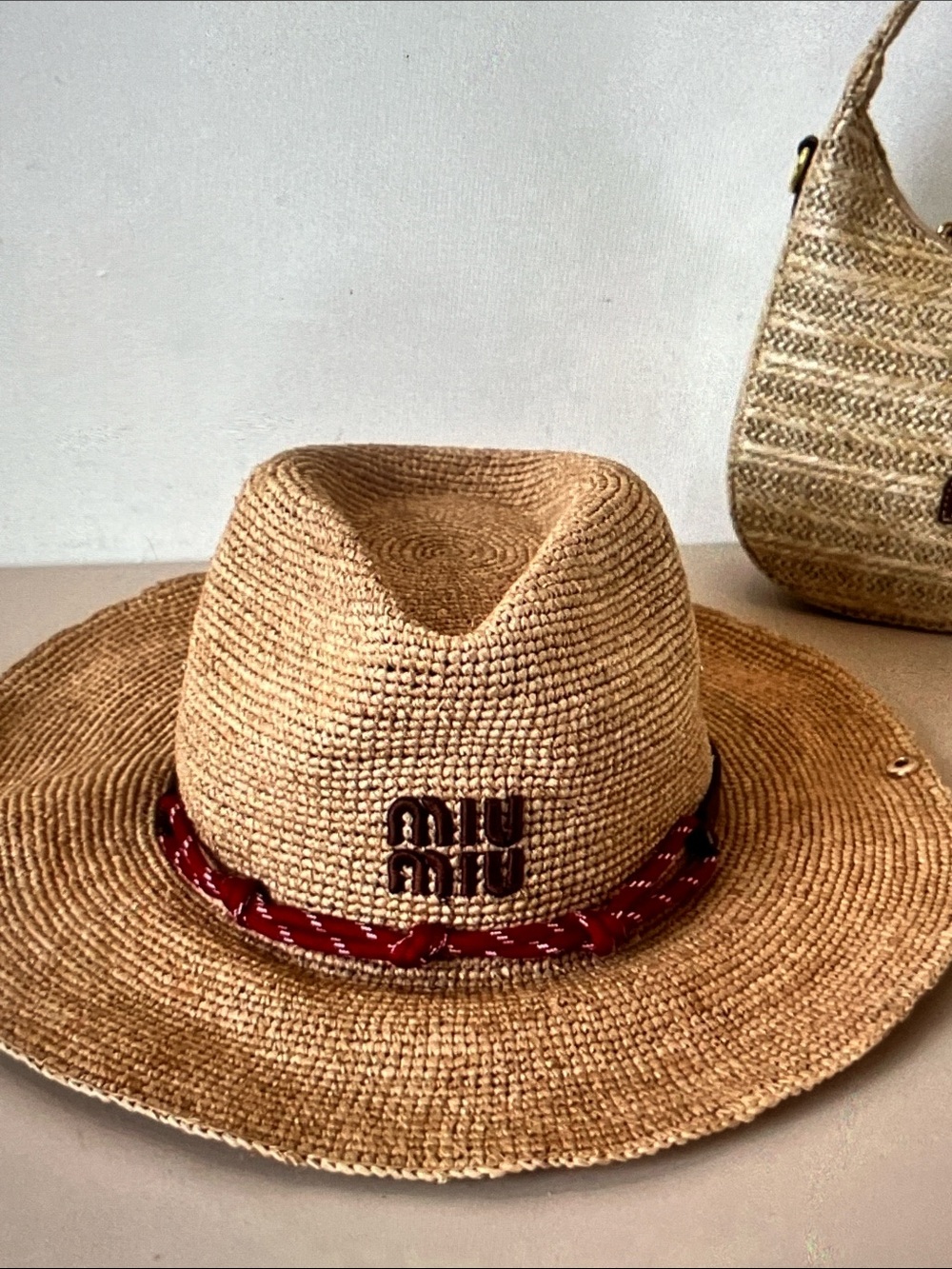 Miu Miu Natural Straw Fedora with Red Braided Trim - Picture 6 of 7